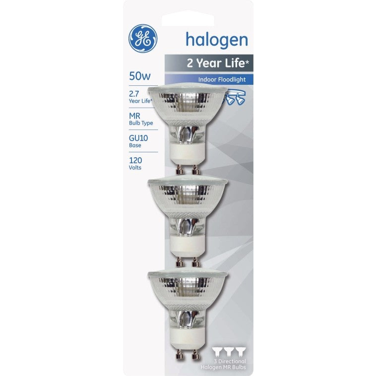 GE Lighting 81662 Quartz Halogen GU10 Base MR16 Floodlight Bulb, 50W, 3-Pack