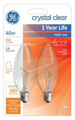GE Lighting 75033 Candelabra Base B10 Multi-Use Bulb, Crystal Clear, 40W, 2-Pack