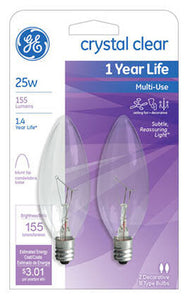GE 74978 Candelabra Base B10 Blunt Tip Bulb, Crystal Clear, 25W, 2-Pack