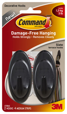 Command™ 17086S Decorative Terrace Hook, Medium, Slate, 2 Hooks & 4 Strips