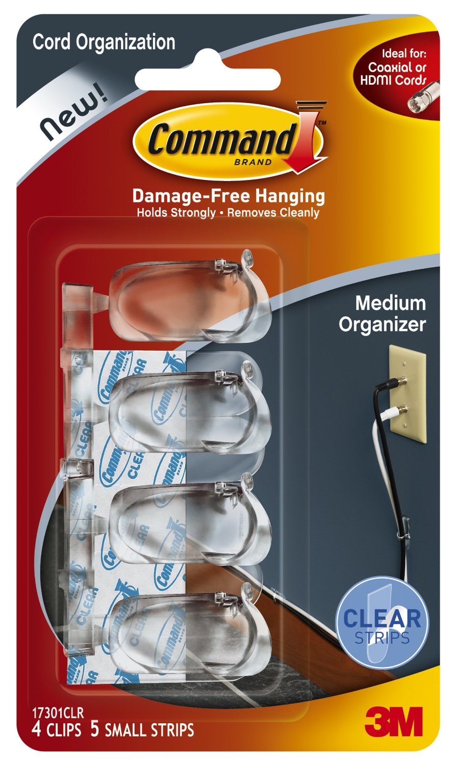 Command 17301CLR Clear Cord Clips with Strips, Medium, 4 Clips & 5 Strips