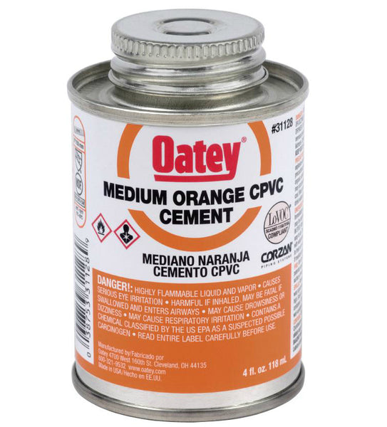 Oatey® 31128 Medium Bodied CPVC Pipe Cement, 4 Oz, Orange