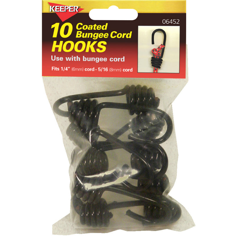Keeper® 06452 Vinyl Coated Bungee Cord Hook, Black, 10-Pack
