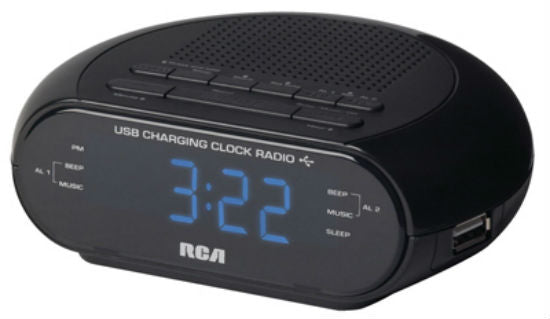 RCA RC207 Dual USB Portable Clock Radio, Black