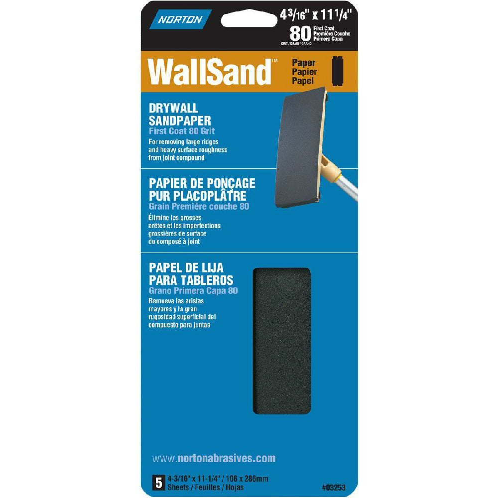 Norton® 07660702535 WallSand™ Die-Cut Drywall Sandpaper, 80-Grit, 5-Pack