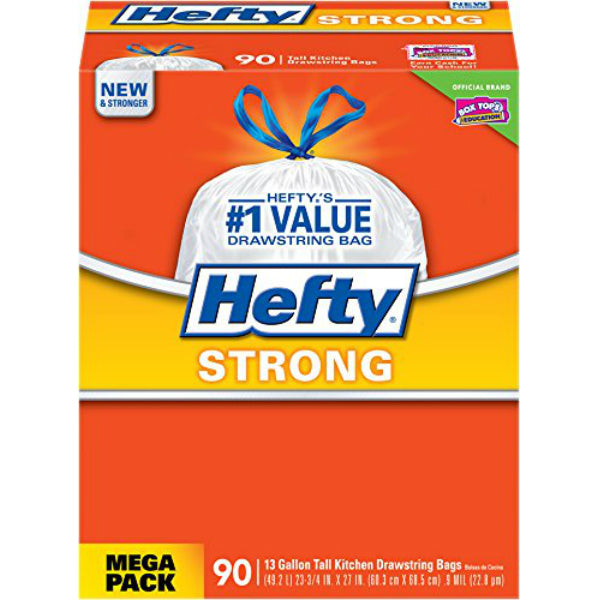 Hefty E84574 Strong Drawstring Tall Kitchen Trash Bags, White, 13-Gal, 90-Ct