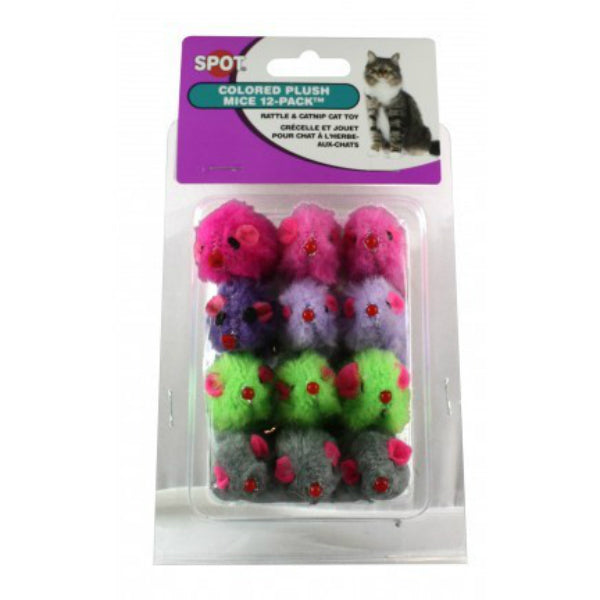 Spot® 2048 Colored Plush Mice Cat Toy with Catnip & Rattle, 12-Pack
