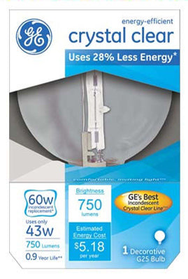 GE Lighting 60076 Energy Efficient G25 Globe Halogen Bulb, Crystal Clear, 43W