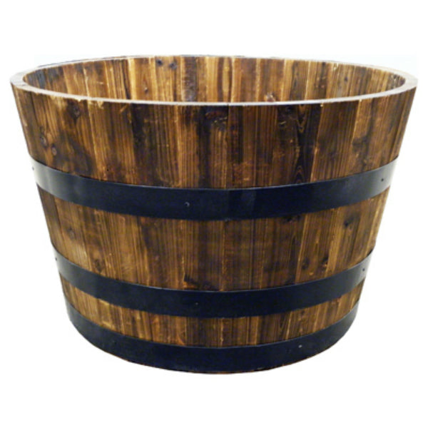 Real Wood G3056 Half Whiskey Barrel Solid Wood Planter, Rustic/Burnt Finish