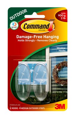 Command 17091CLR-AW Outdoor Window Hooks, Medium, Clear, 2 Hooks & 4 Strips