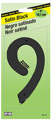 Hy-Ko BK-40/9 Zinc House Number 9 Sign, 4", Satin Black Finish