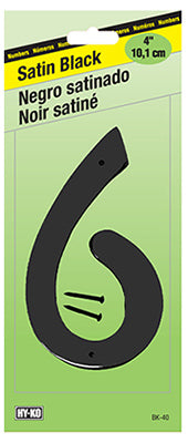 Hy-Ko BK-40/6 Zinc House Number 6 Sign, 4", Satin Black Finish