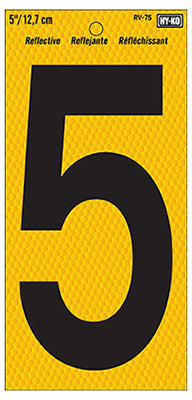 Hy-Ko RV-75/5 Number 5 Sign, Black on Yellow Reflective Background, 5"