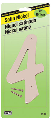 Hy-Ko SN-40/4 Satin Nickel House Number 4 Sign with Nails, 4"