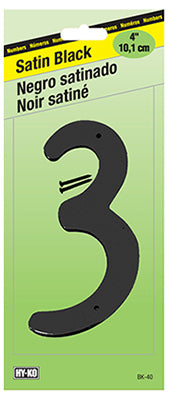 Hy-Ko BK-40/3 Zinc House Number 3 Sign, 4", Satin Black Finish