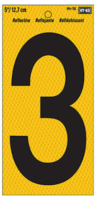 Hy-Ko RV-75/3 Number 3 Sign, Black on Yellow Reflective Background, 5"