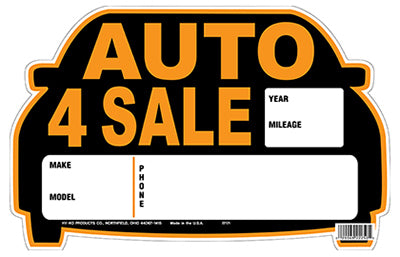 Hy-Ko 22121 "Auto For Sale" Die Cut Polystyrene Sign, Orange/Black, 9" x 14"