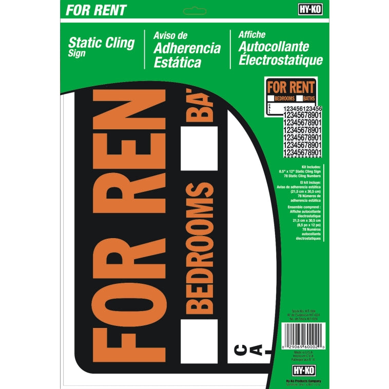 Hy-Ko KIT-604 For Rent Static Cling Sign Kit, 8.5" x 12"