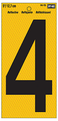 Hy-Ko RV-75/4 Vinyl Self-Stick Reflective House Number 4, Black/Yellow, 5"