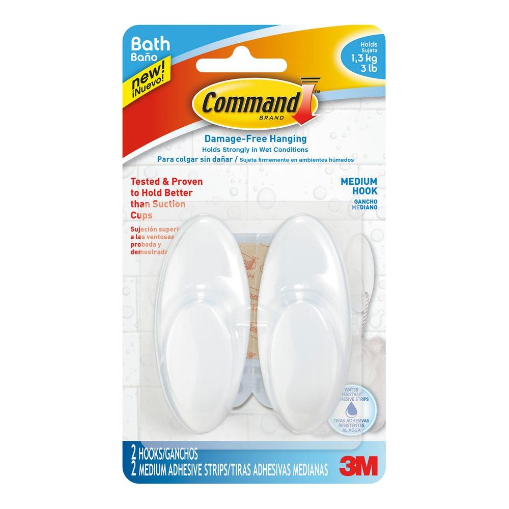 Command BATH18-ES Medium Bath Hook w/ Water-Resistant Strip, Frosted, 2-Count