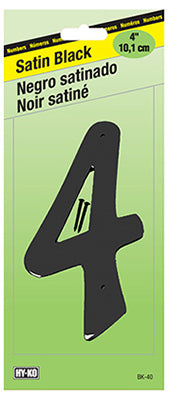 Hy-Ko BK-40/4 Zinc House Number 4 Sign, 4", Satin Black Finish