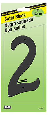 Hy-Ko BK-40/2 Zinc House Number 2 Sign, 4", Satin Black Finish