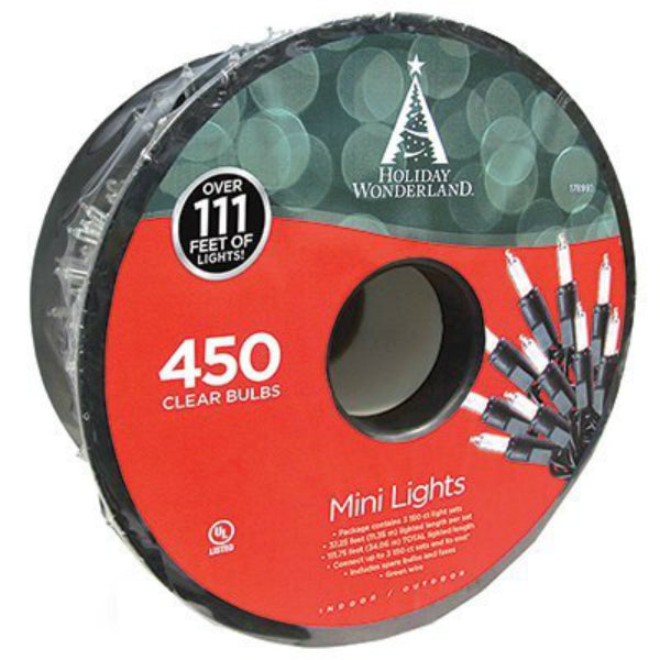 Holiday Wonderland® 48350-88 Christmas Clear Mini 450-Lights w/Green Wire, 114'