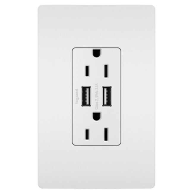 Pass & Seymour TM826USBWCC6 Combo USB Charger w/ Duplex Receptacle, 15A, White