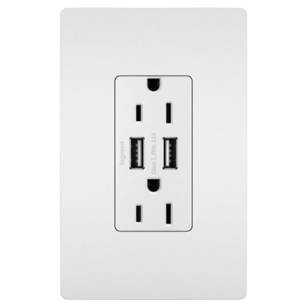Pass & Seymour TM826USBWCC6 Combo USB Charger w/ Duplex Receptacle, 15A, White