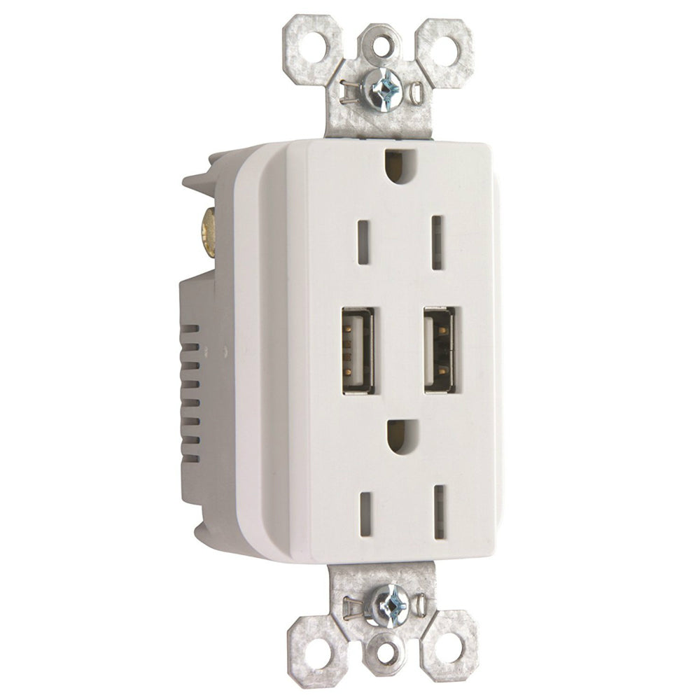 Pass & Seymour TM826USBWCC6 Combo USB Charger w/ Duplex Receptacle, 15A, White