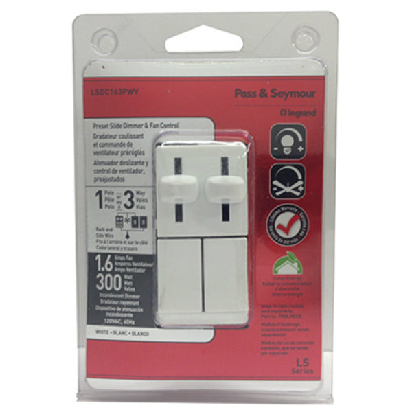 Pass & Seymour LSDC163PWV LS Series Dual Fan Speed Control/Dimmer, White