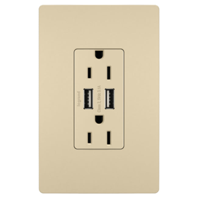 Pass & Seymour TM826USBICC6 Combo USB Charger with Duplex Receptacle, 15A, Ivory