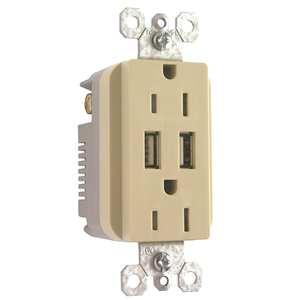 Pass & Seymour TM826USBICC6 Combo USB Charger with Duplex Receptacle, 15A, Ivory