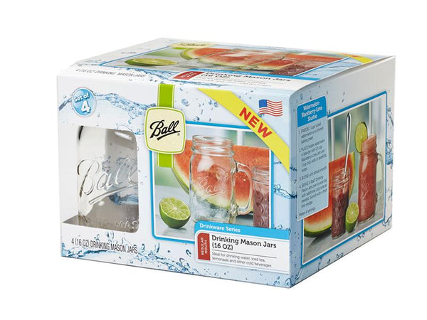 Ball 1440016001 Regular Mouth Drinking Mason Mug, 16 Oz, 4-Count