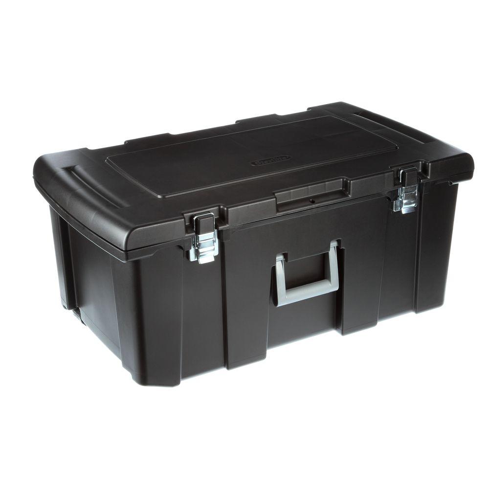 Sterilite 18429001 Footlocker Storage Box, Black w/ Titanium Handle, 92 Qt