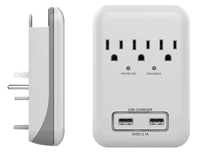 Master Electrician Surge Tap with 2-Port USB Charger, 3 Outlet, White, 3.1A