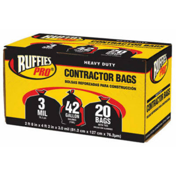 Ruffies Pro® 1190270 Heavy-Duty Contractor Bags, Black, 3-Mil, 42-Gal, 20-Ct