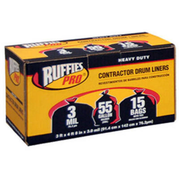 Ruffies Pro® 1190275 Heavy-Duty Contractor Drum Liners, Black, 55-Gal, 15-Ct