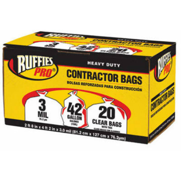 Ruffies Pro® 1190273 Heavy-Duty Contractor Bags, Clear, 3-Mil, 42-Gal, 20-Ct