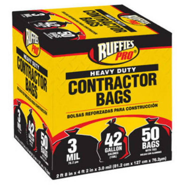 Ruffies Pro® 1190274 Heavy-Duty Contractor Bags, Black, 3-Mil, 42-Gal, 50-Ct