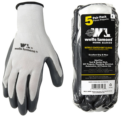 Wells Lamont 563LA Men's Nitrile Coated Knit Gloves, Large, 5-Pack