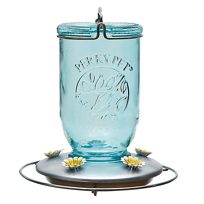 Perky-Pet 785 Mason Jar Glass Hummingbird Feeder, 32 Oz Capacity, Blue Antique