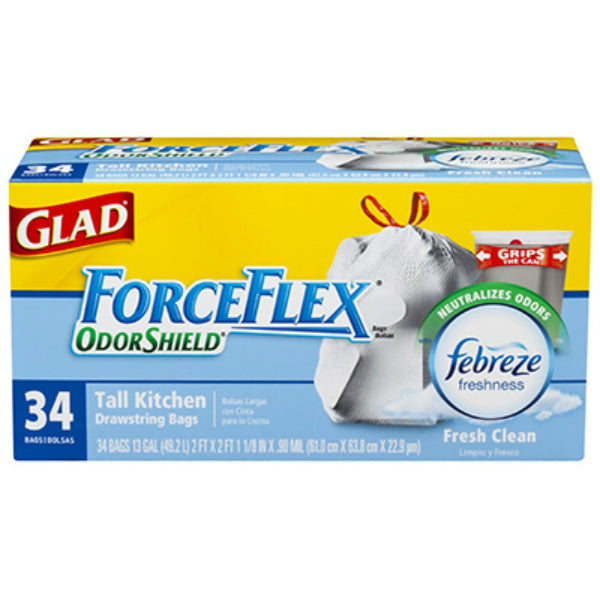 Glad® 70320 ForceFlex OdorShield Tall Kitchen Drawstring Bag, Fresh Clean, 34-Ct