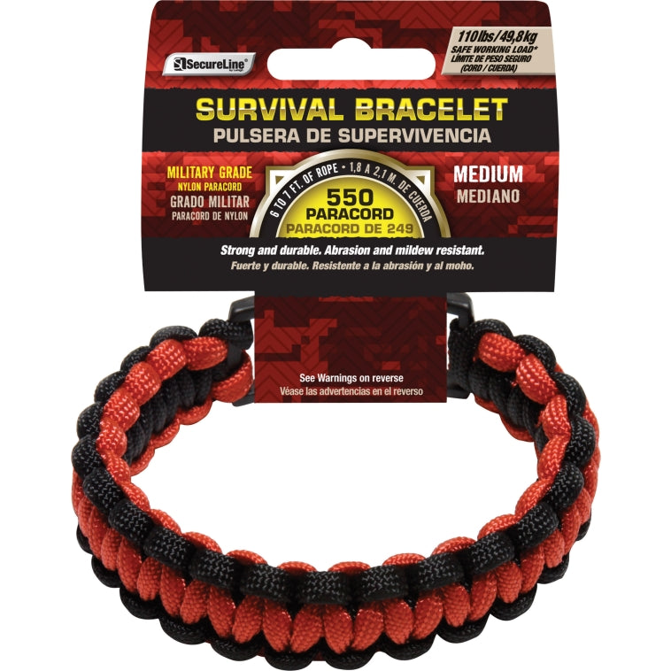 SecureLine NPCB550BKRM Nylon 550 Paracord Survival Bracelet, Medium, Red & Black