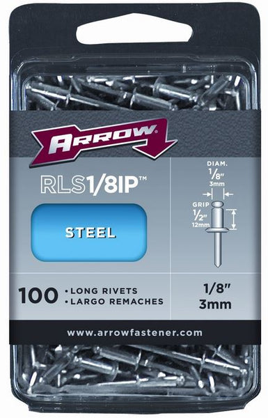 Arrow Fastener RLS1/8IP Long Steel Industrial Rivets, 1/8" x 1/2", 100-Count