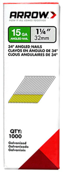 Arrow Fastener 15G32-1K Galvanized 34-Degree Angled Nails, 1-1/4", 1000-Pack