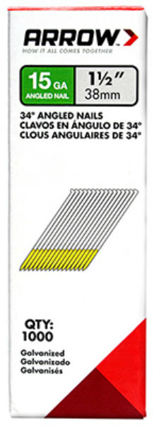 Arrow Fastener 15G38-1K Galvanized 34-Degree Angled Nails, 1-1/2", 1000-Pack