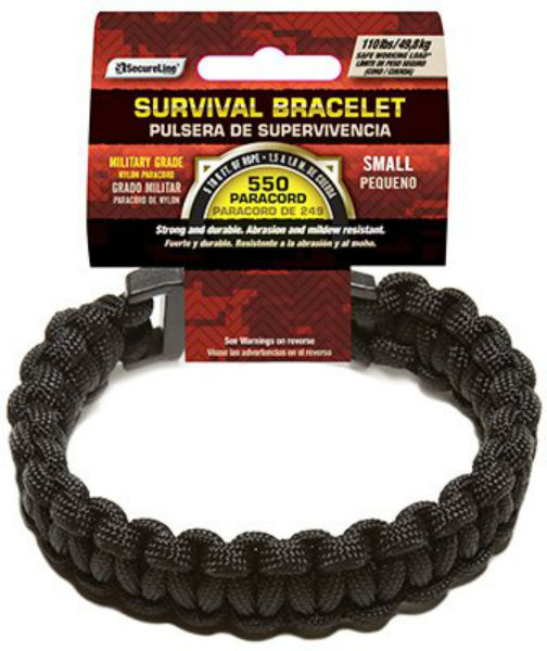 SecureLine® NPCB550BKS Military Grade 550 Nylon Survival Bracelet, Black, Small