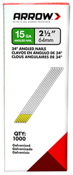 Arrow Fastener 15G64-1K Galvanized 34-Degree Angled Nails, 2-1/2", 1000-Pack