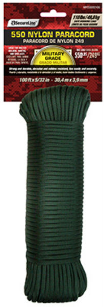 SecureLine® NPC5503210G Military Grade 550 Nylon Paracord, Green, 5/32" x 100'